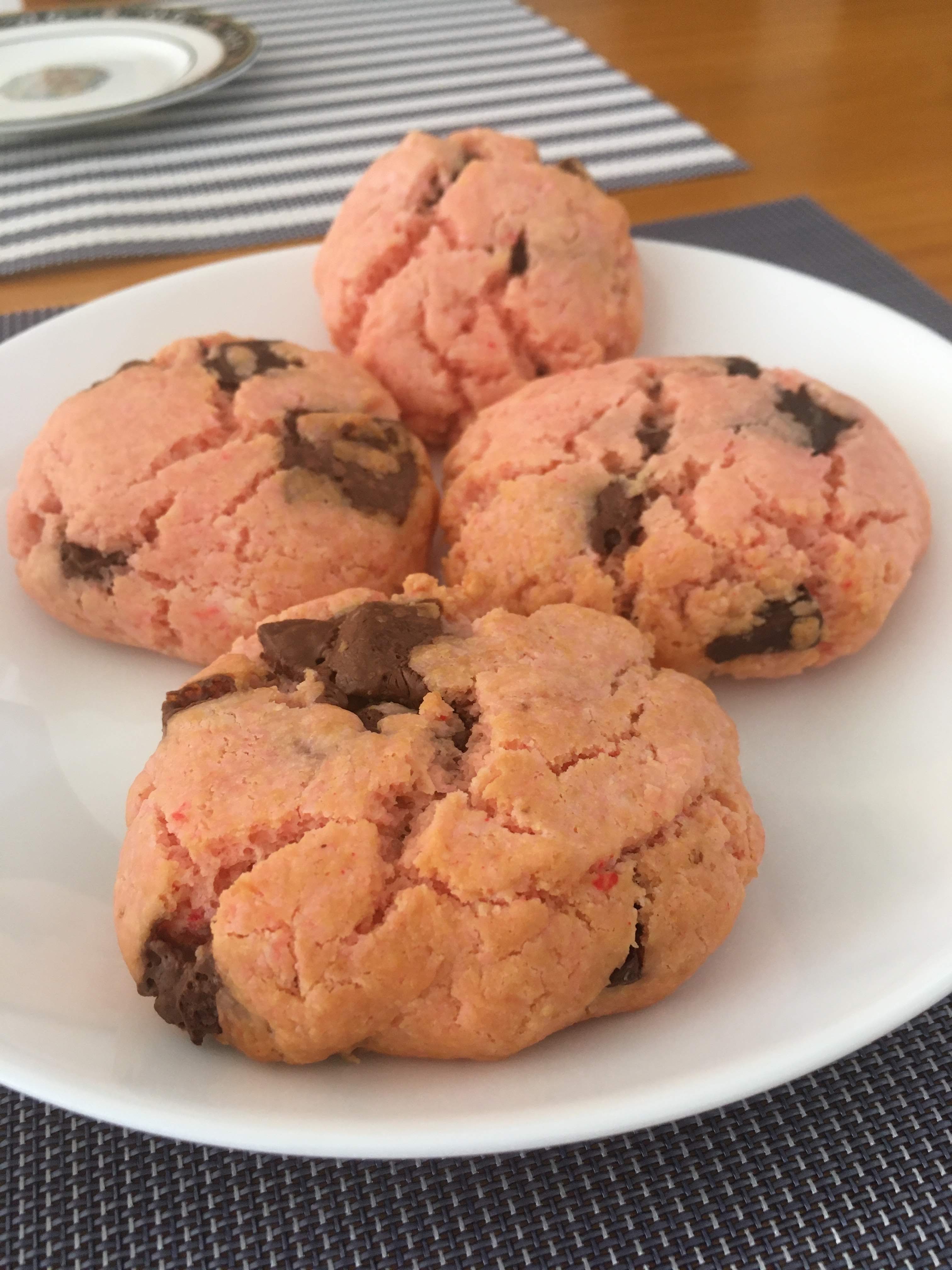 pink biscuits with chocolate chips