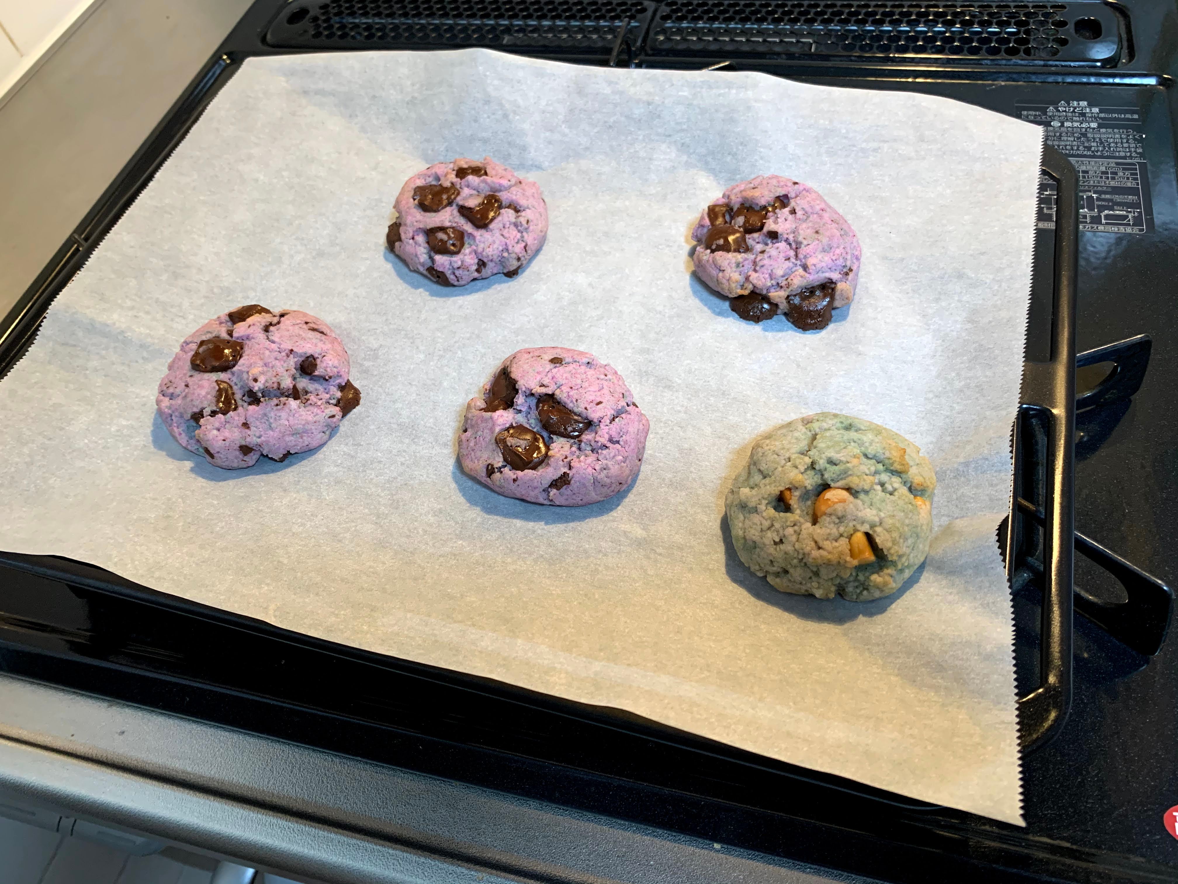 baked pink biscuits with blue biscuit