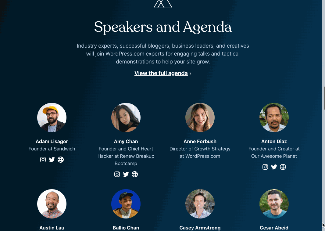 screen capture of conference speakers from https://wordpress.com/growth-summit/