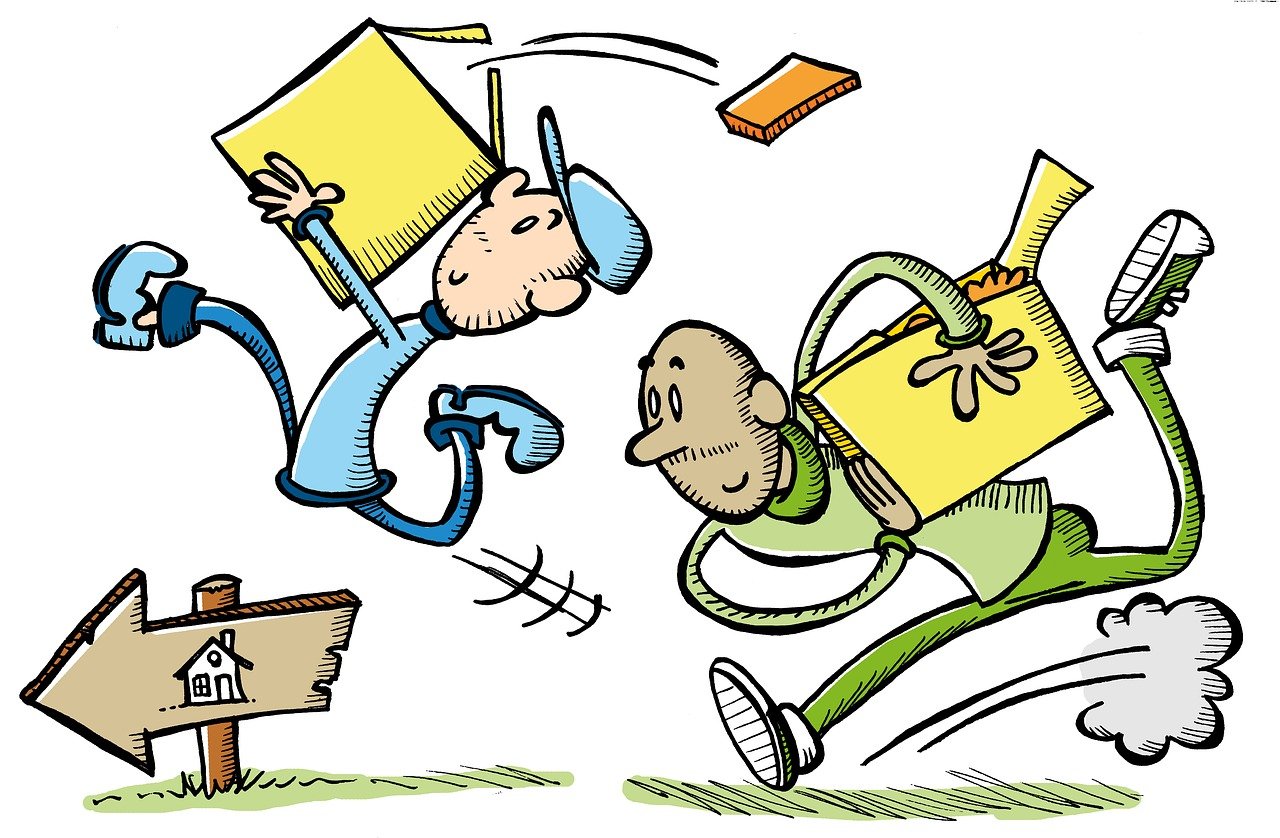 cartoon of two men moving boxes to a new house